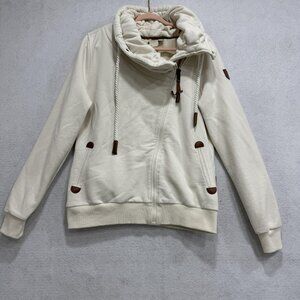 Wanakome Hoodie Womens Large White Full Zip Cowl Neck Rope Drawcord Pockets